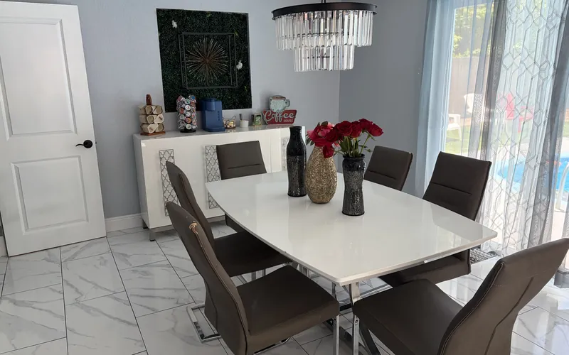 Styled dining area prepared for arriving guests